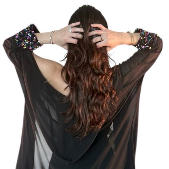 Sheer Hooded Open Kimono Glitter Sequin Cuffs. Black. Fits Small-Large Festival - Picture 6 of 9